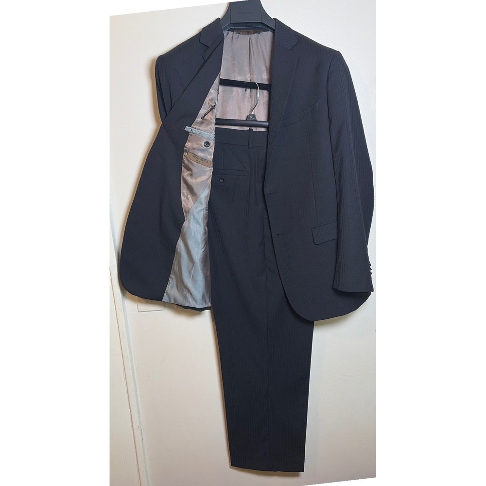 Prontomoda Europa Mens Black Super 140s Merino Wool Suit 42R 36W Oxford 2B